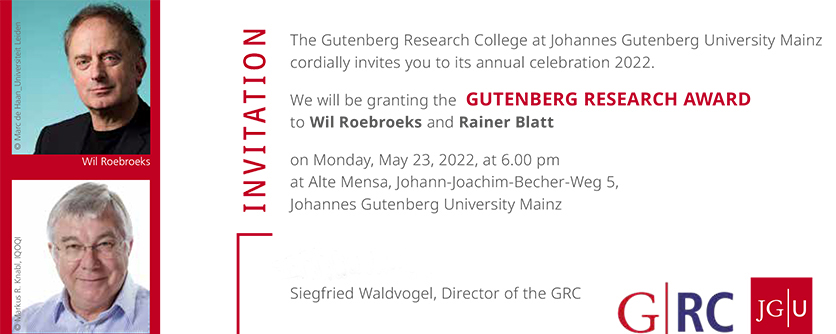 GFK-Jahresfeier am 23. Mai 2022: Verleihung des Gutenberg Research Awards an Wil Roebroeks und Rainer Blatt (Fotos/©: Marc de Haan/Universität Leiden, Markus R. Knabl/IQOQI Innsbruck)